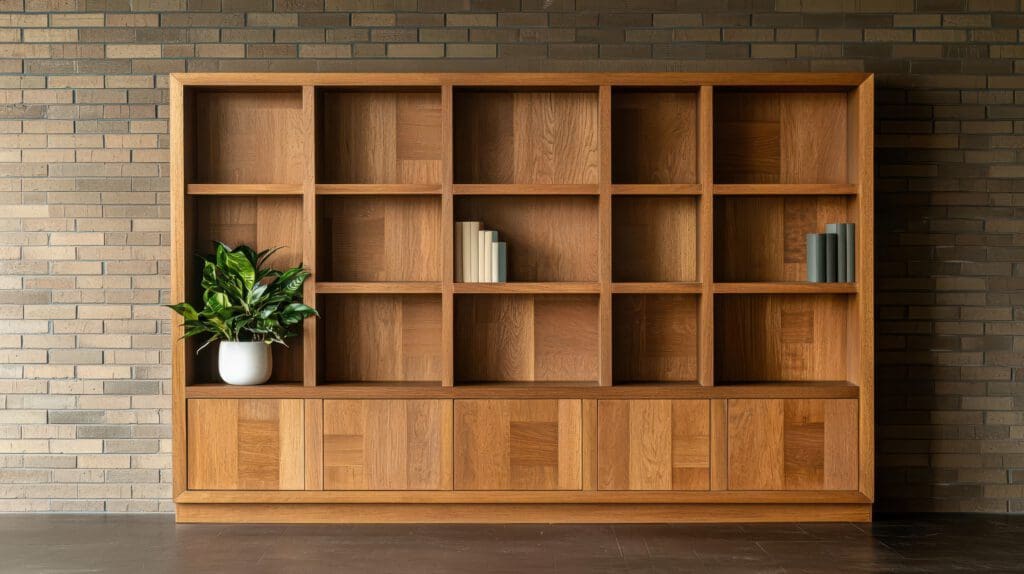 A large wooden bookshelf featuring bespoke joinery, with a grid of empty square compartments, a few books placed vertically in some sections, and a potted green plant in a white pot on the lower left shelf, set against a brick wall.